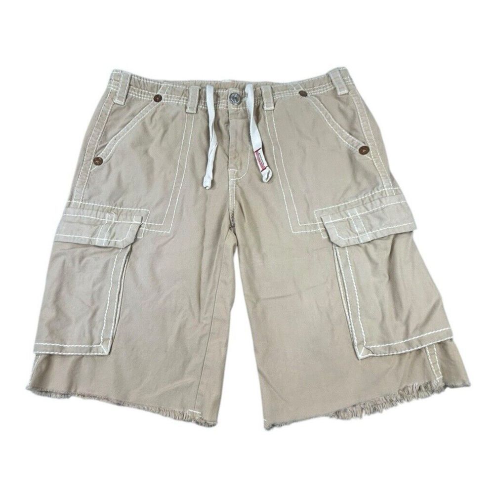 True Religion Cargo Shorts Mens Size 36 Baggy Tan Khaki Heavy Y2K Embroidered